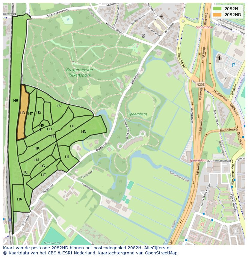 Afbeelding van het postcodegebied 2082 HD op de kaart.