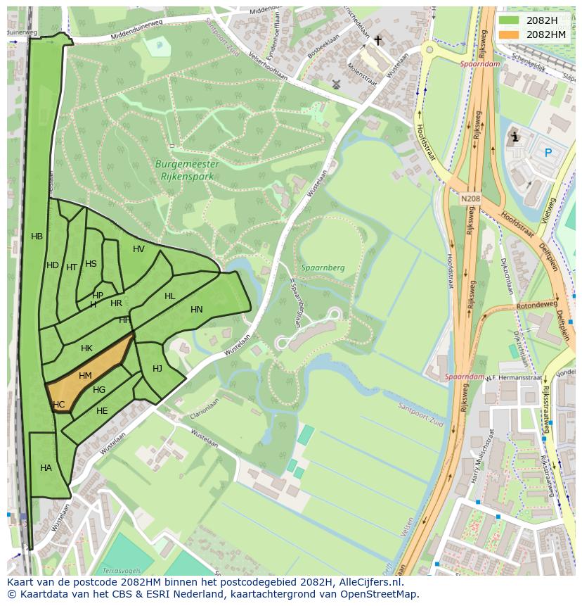 Afbeelding van het postcodegebied 2082 HM op de kaart.