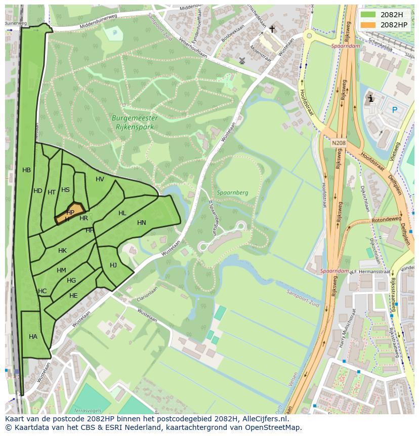 Afbeelding van het postcodegebied 2082 HP op de kaart.