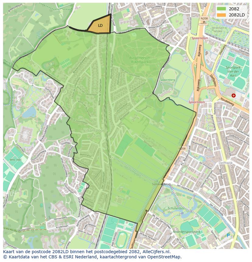 Afbeelding van het postcodegebied 2082 LD op de kaart.