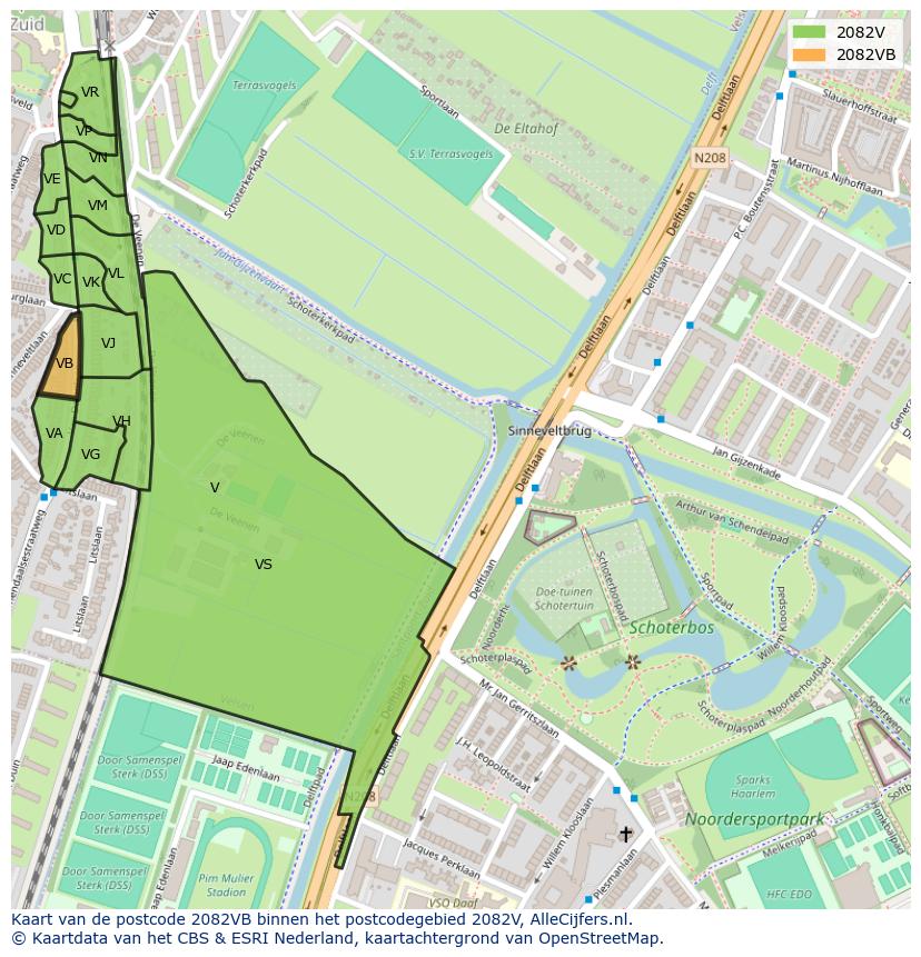 Afbeelding van het postcodegebied 2082 VB op de kaart.