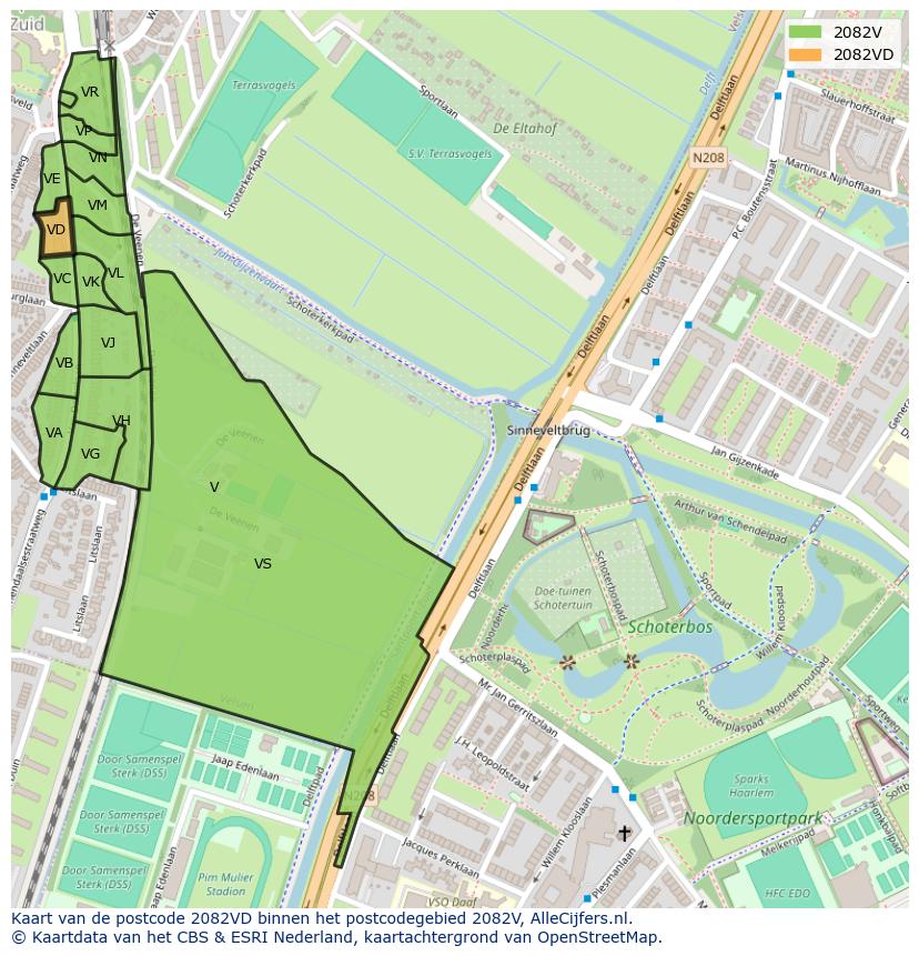 Afbeelding van het postcodegebied 2082 VD op de kaart.