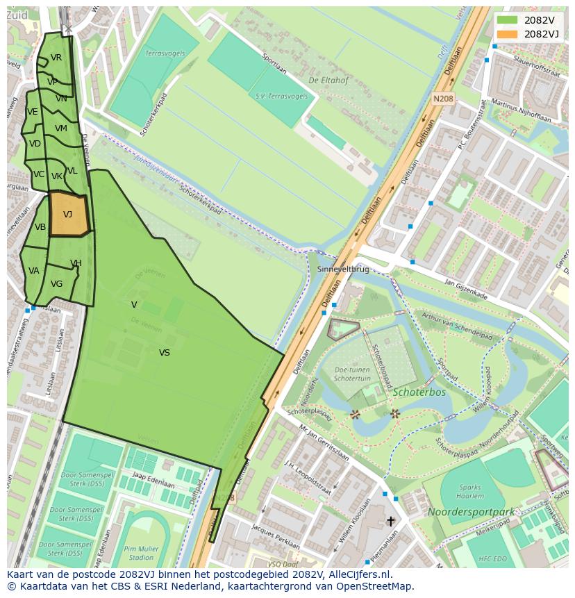 Afbeelding van het postcodegebied 2082 VJ op de kaart.