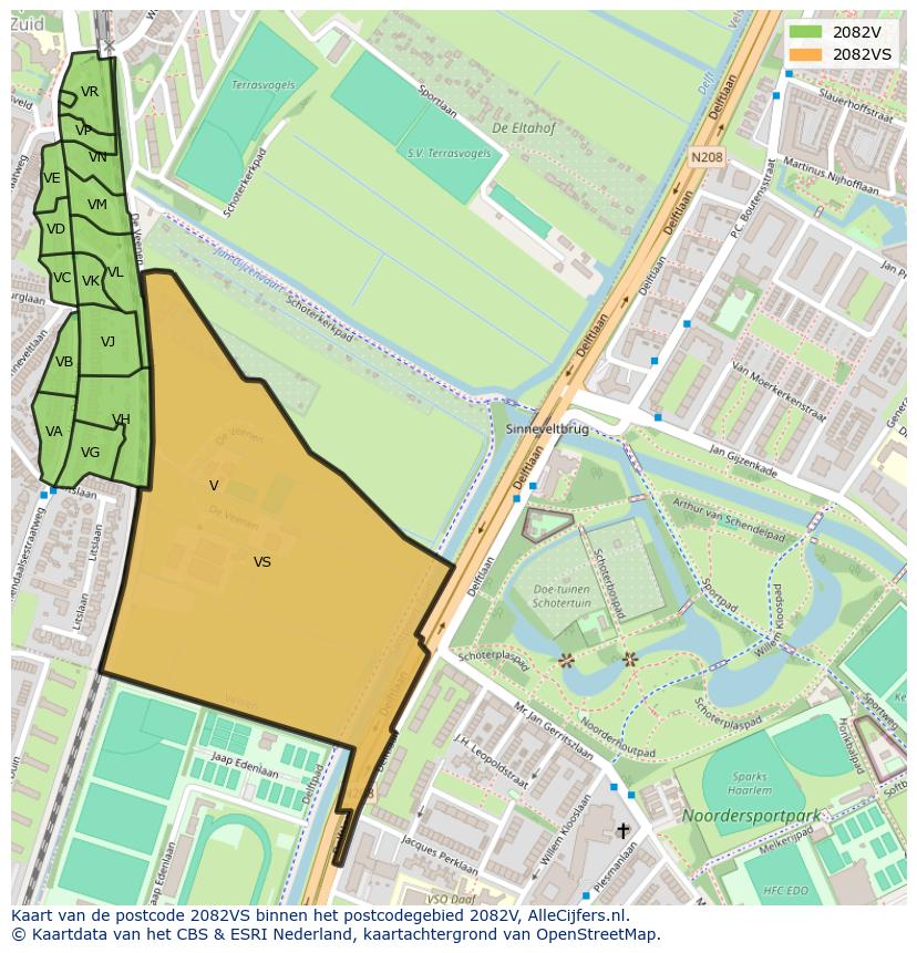 Afbeelding van het postcodegebied 2082 VS op de kaart.