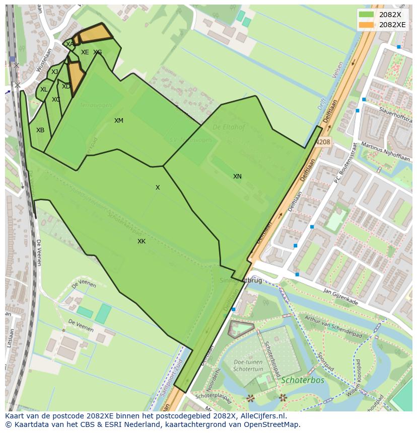Afbeelding van het postcodegebied 2082 XE op de kaart.