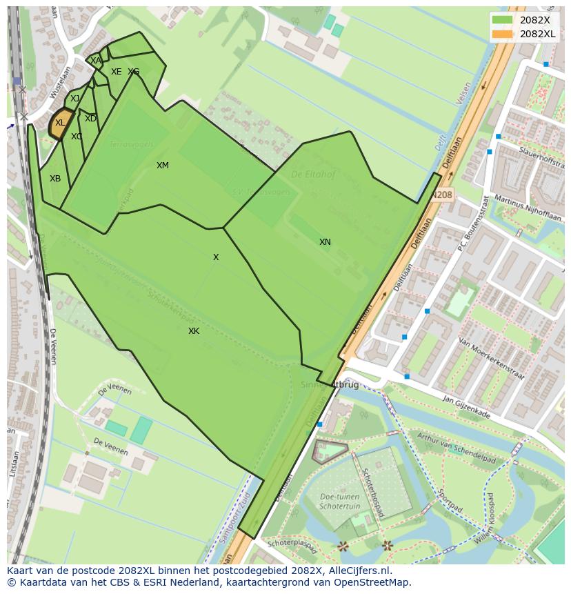 Afbeelding van het postcodegebied 2082 XL op de kaart.