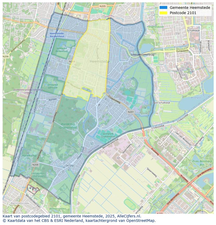Afbeelding van het postcodegebied 2101 op de kaart.