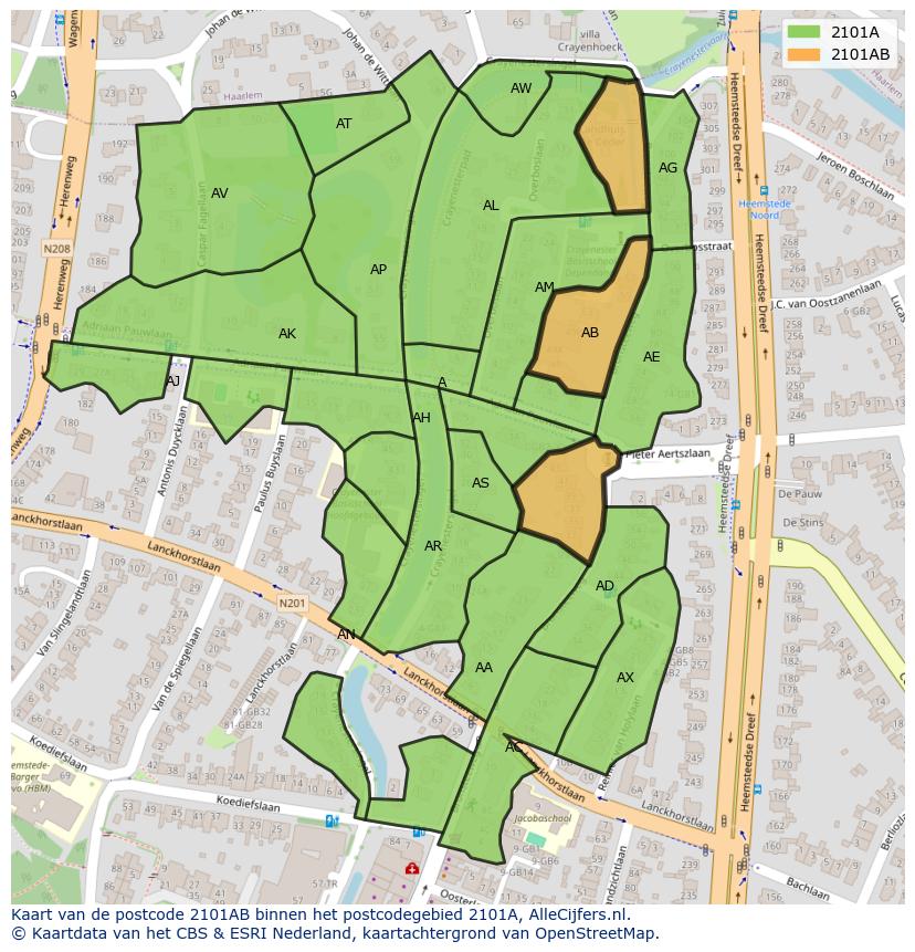 Afbeelding van het postcodegebied 2101 AB op de kaart.