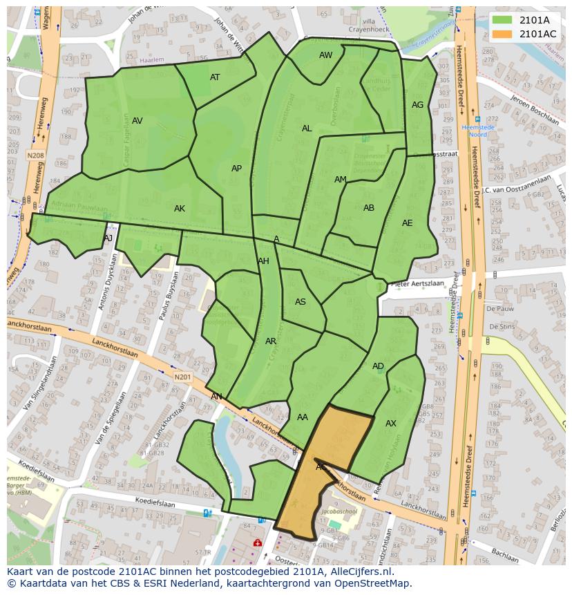 Afbeelding van het postcodegebied 2101 AC op de kaart.