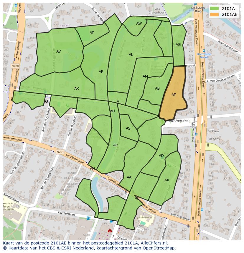 Afbeelding van het postcodegebied 2101 AE op de kaart.