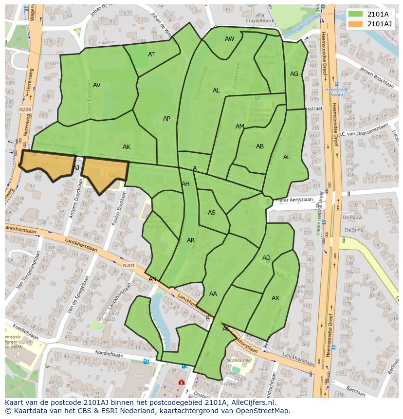 Afbeelding van het postcodegebied 2101 AJ op de kaart.