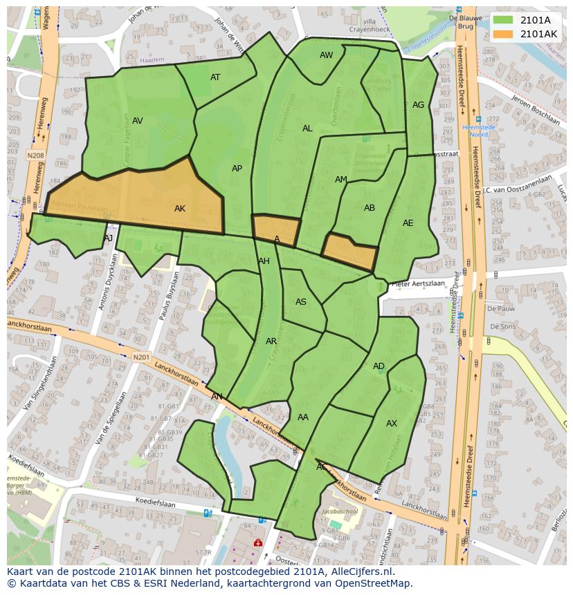 Afbeelding van het postcodegebied 2101 AK op de kaart.