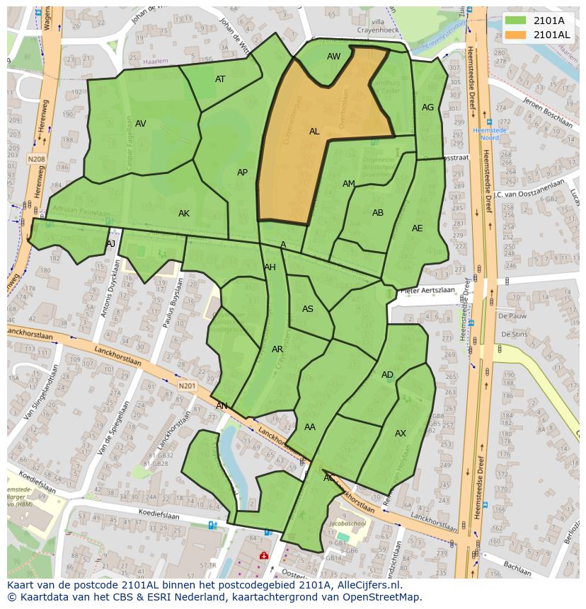 Afbeelding van het postcodegebied 2101 AL op de kaart.