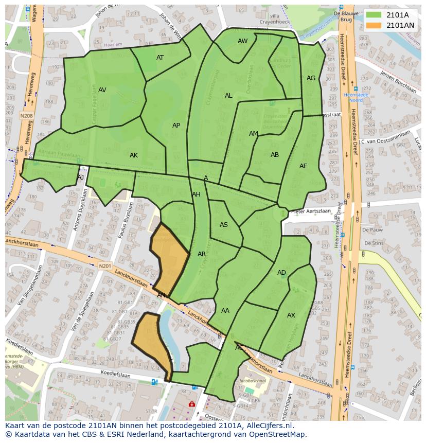 Afbeelding van het postcodegebied 2101 AN op de kaart.
