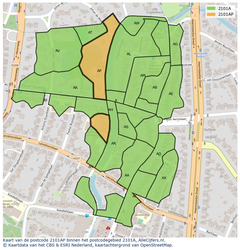 Afbeelding van het postcodegebied 2101 AP op de kaart.