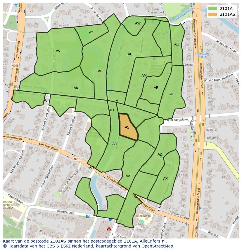 Afbeelding van het postcodegebied 2101 AS op de kaart.