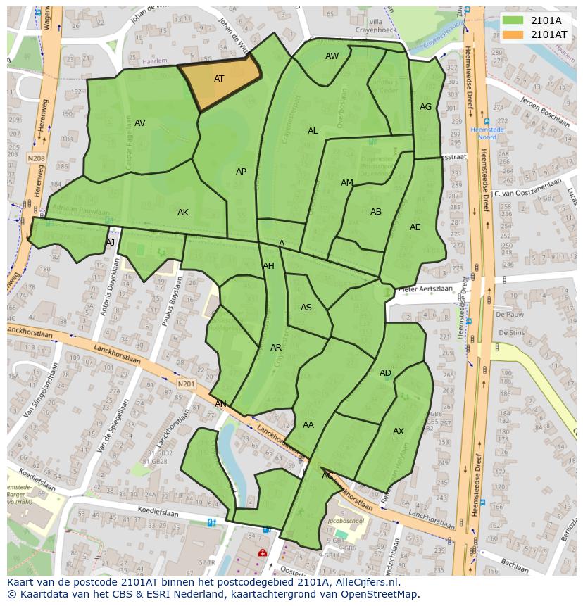 Afbeelding van het postcodegebied 2101 AT op de kaart.