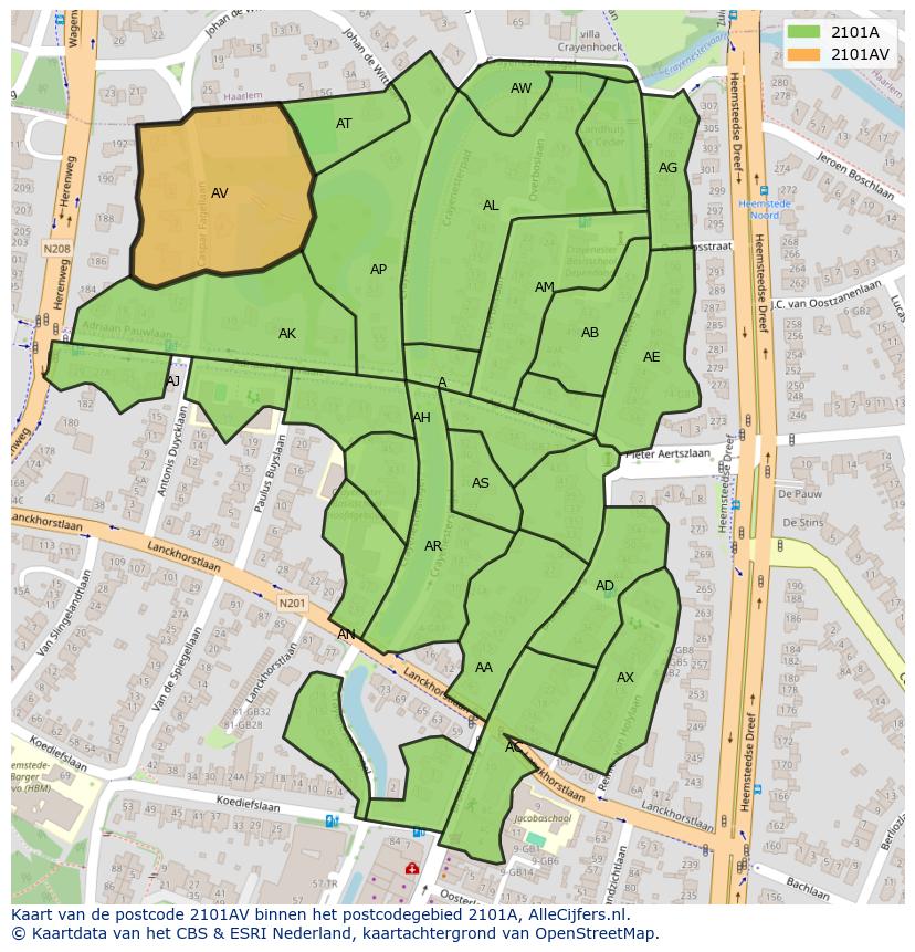 Afbeelding van het postcodegebied 2101 AV op de kaart.