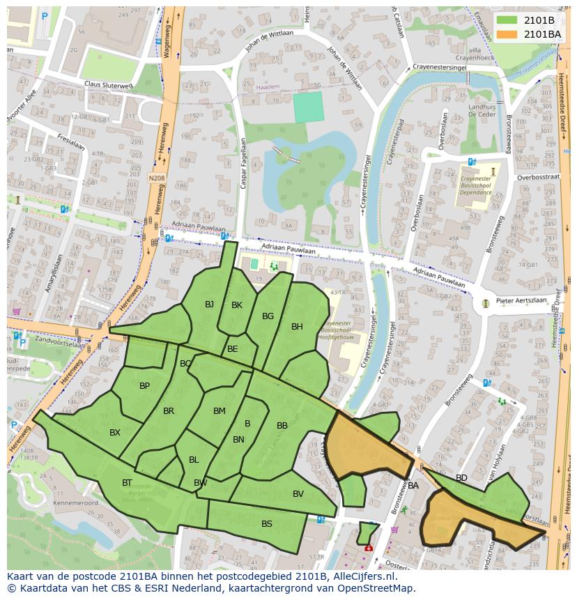 Afbeelding van het postcodegebied 2101 BA op de kaart.