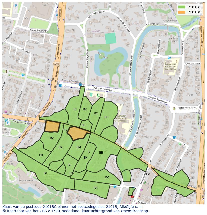 Afbeelding van het postcodegebied 2101 BC op de kaart.
