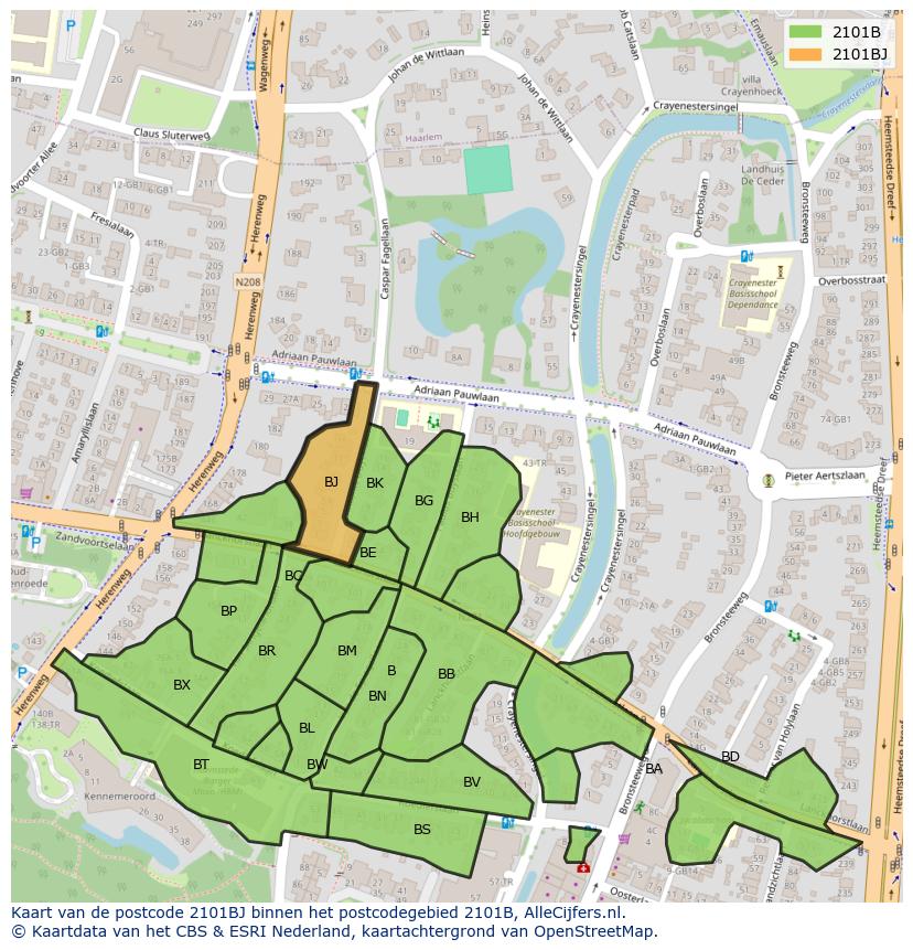 Afbeelding van het postcodegebied 2101 BJ op de kaart.