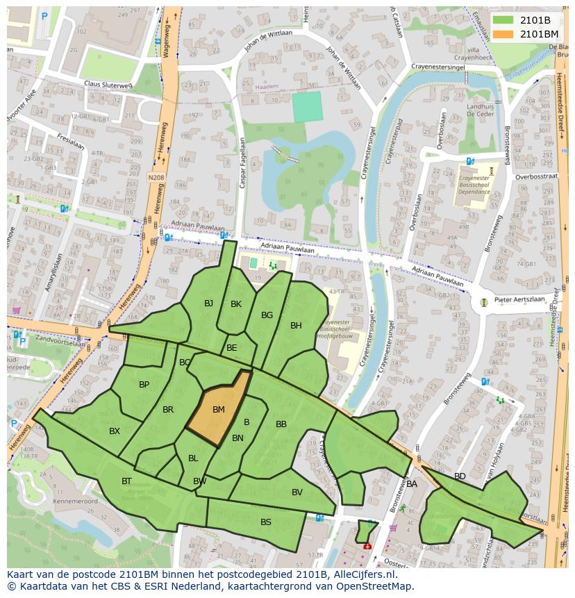 Afbeelding van het postcodegebied 2101 BM op de kaart.