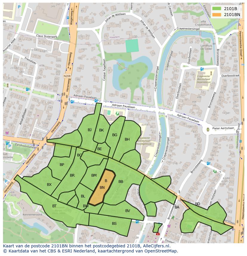 Afbeelding van het postcodegebied 2101 BN op de kaart.