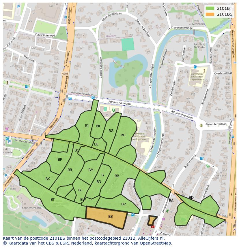 Afbeelding van het postcodegebied 2101 BS op de kaart.