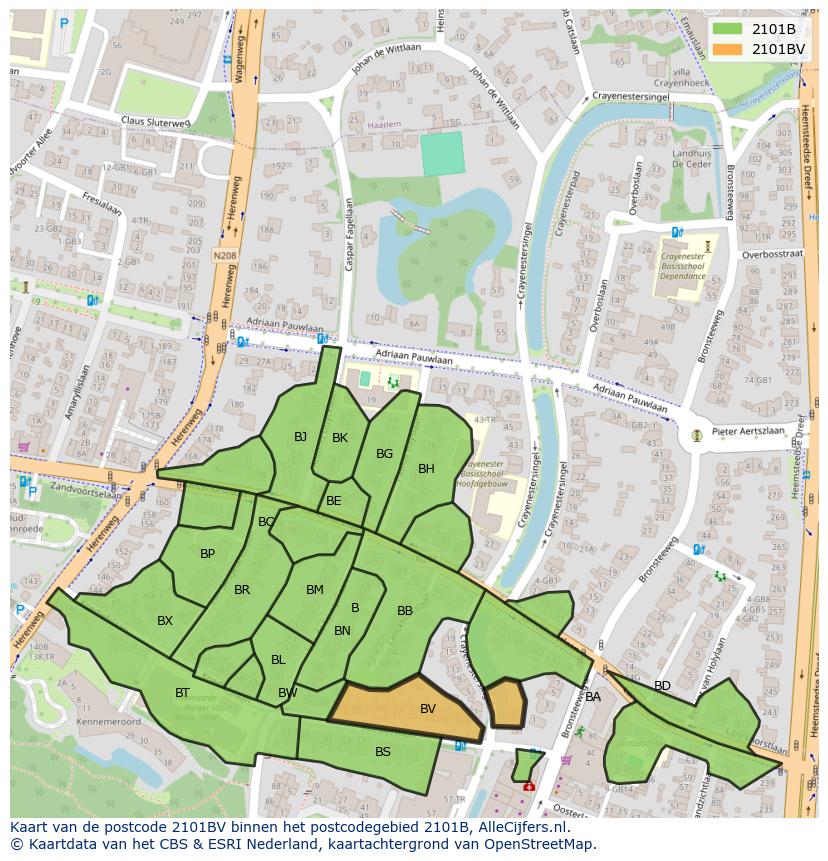 Afbeelding van het postcodegebied 2101 BV op de kaart.