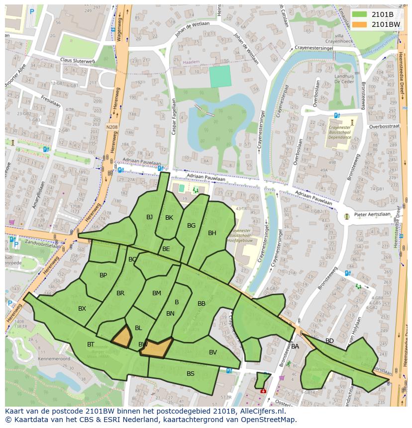 Afbeelding van het postcodegebied 2101 BW op de kaart.
