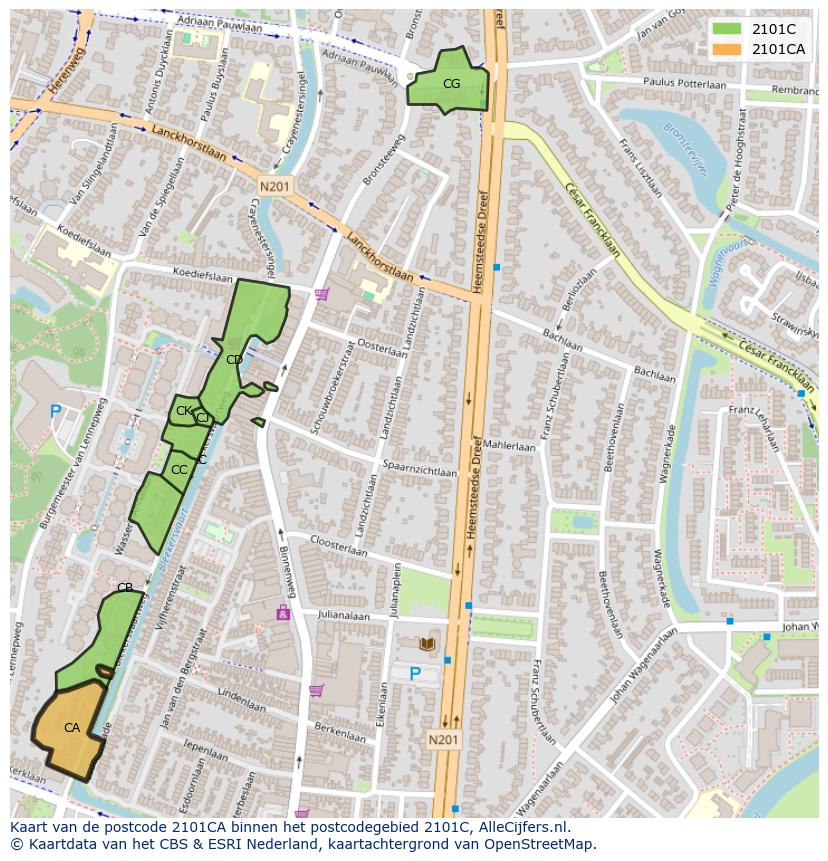 Afbeelding van het postcodegebied 2101 CA op de kaart.