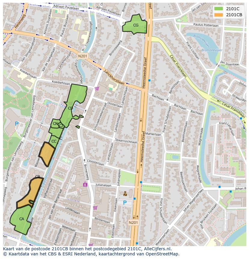 Afbeelding van het postcodegebied 2101 CB op de kaart.