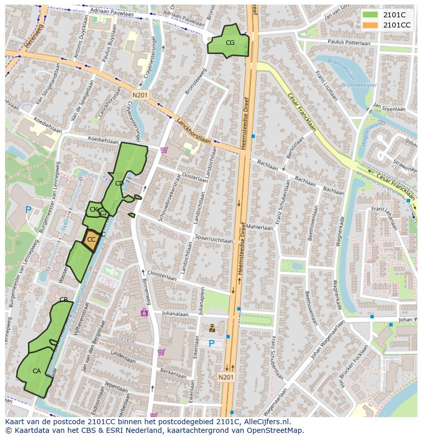 Afbeelding van het postcodegebied 2101 CC op de kaart.