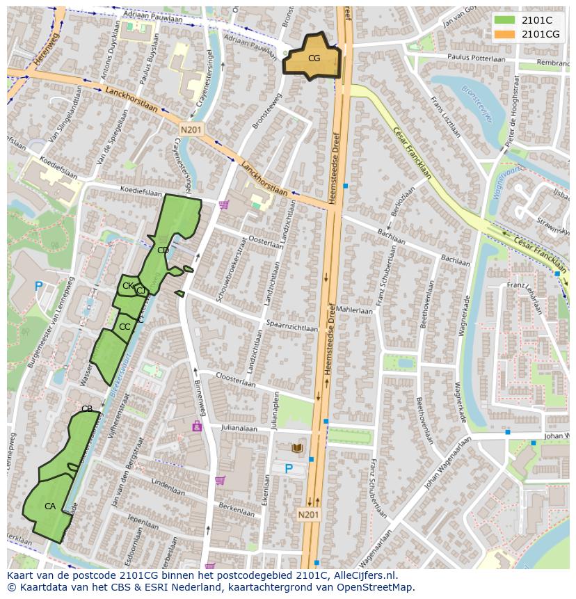 Afbeelding van het postcodegebied 2101 CG op de kaart.