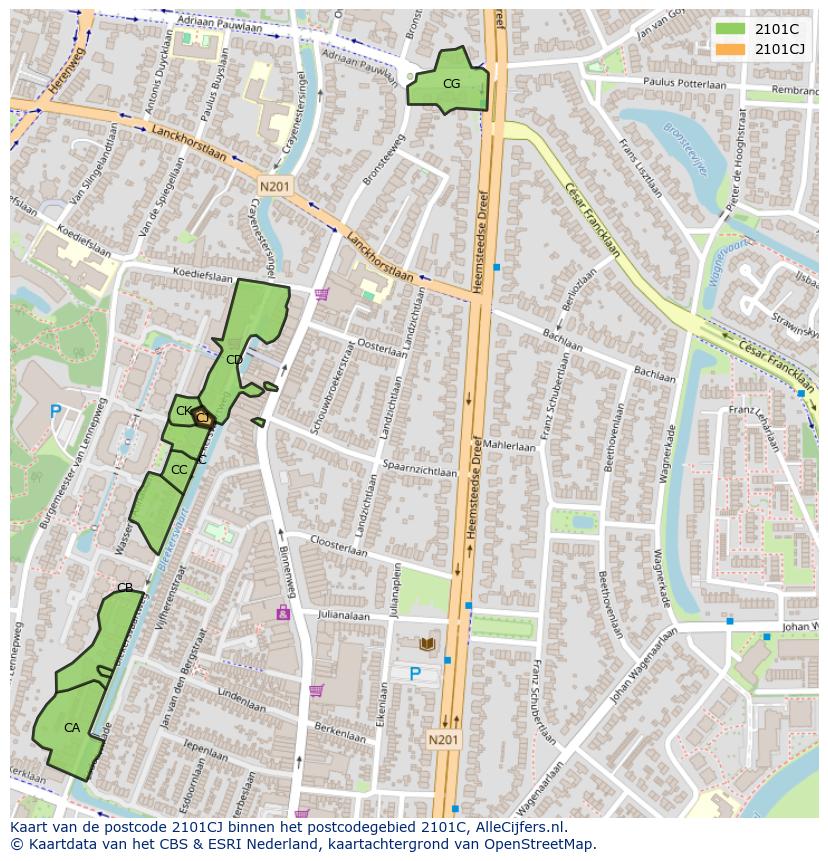 Afbeelding van het postcodegebied 2101 CJ op de kaart.