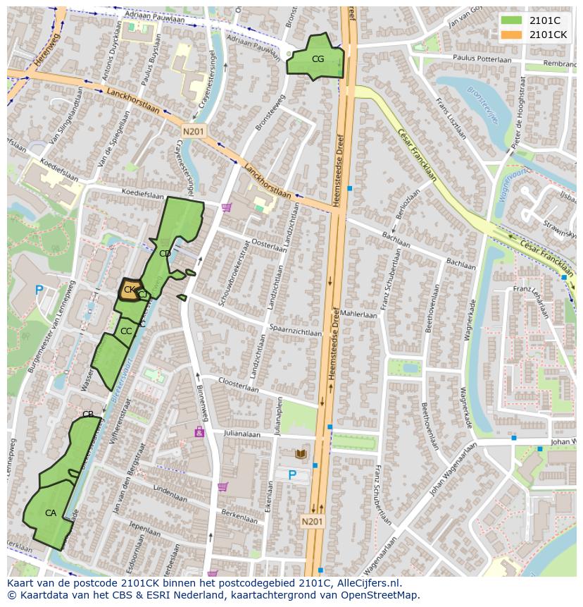 Afbeelding van het postcodegebied 2101 CK op de kaart.