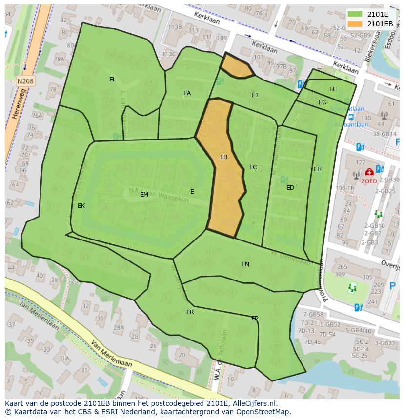 Afbeelding van het postcodegebied 2101 EB op de kaart.