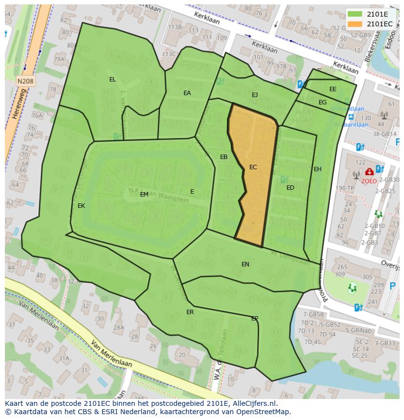 Afbeelding van het postcodegebied 2101 EC op de kaart.