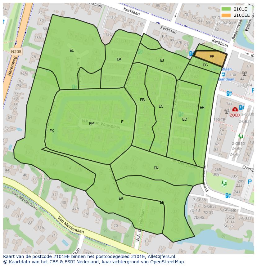 Afbeelding van het postcodegebied 2101 EE op de kaart.