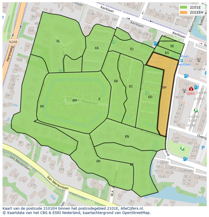 Afbeelding van het postcodegebied 2101 EH op de kaart.