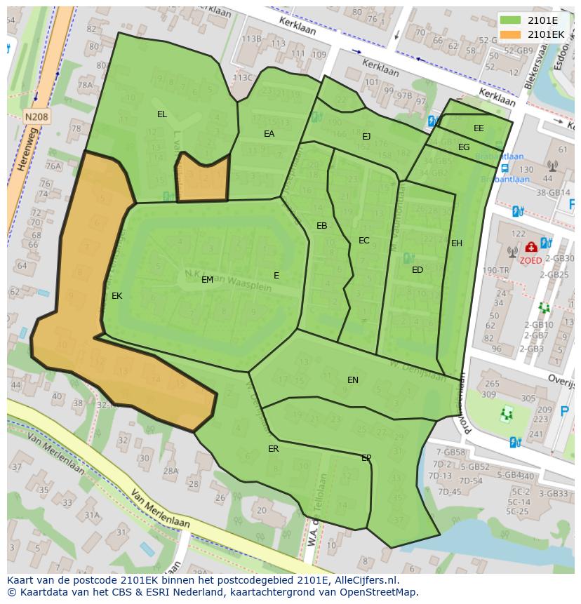 Afbeelding van het postcodegebied 2101 EK op de kaart.