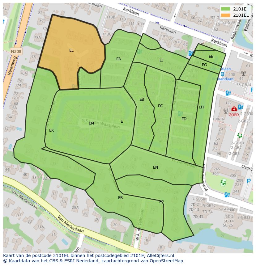 Afbeelding van het postcodegebied 2101 EL op de kaart.