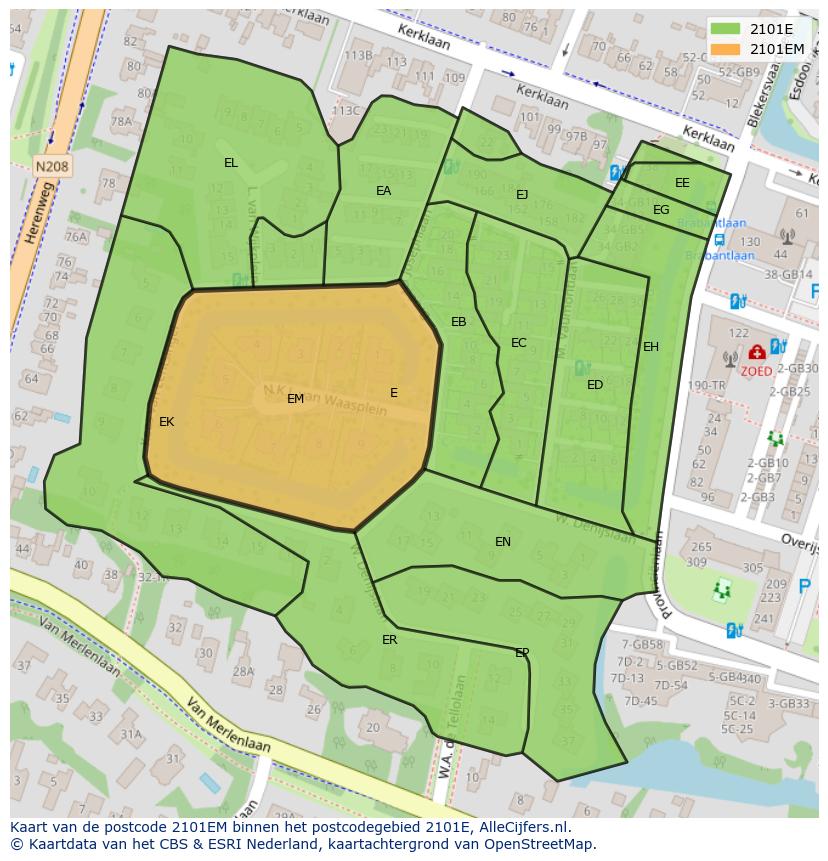 Afbeelding van het postcodegebied 2101 EM op de kaart.