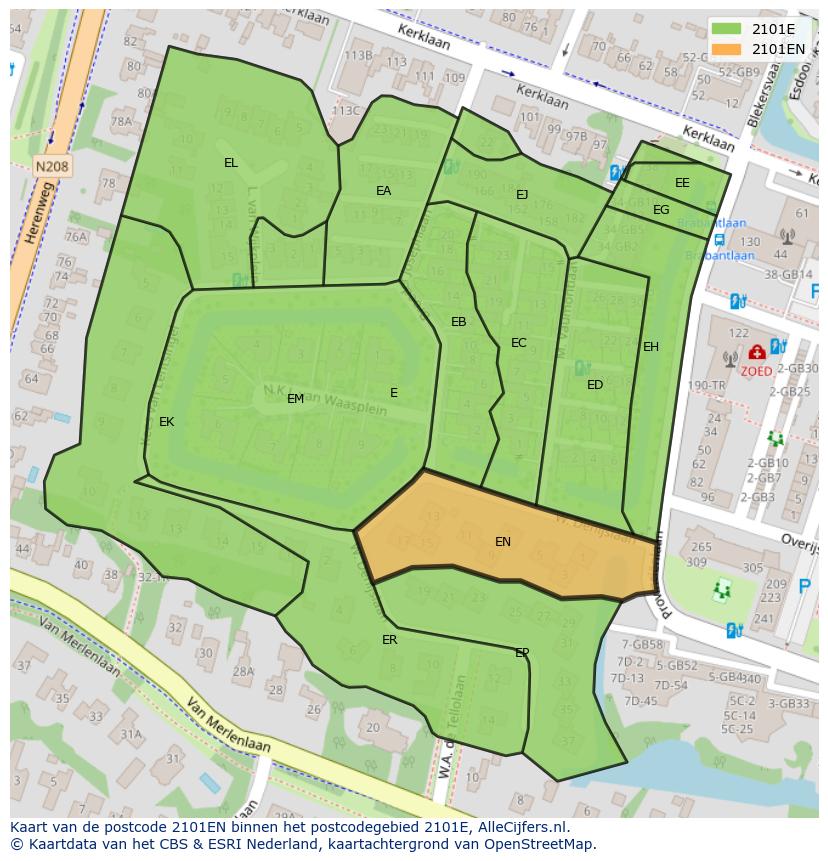 Afbeelding van het postcodegebied 2101 EN op de kaart.