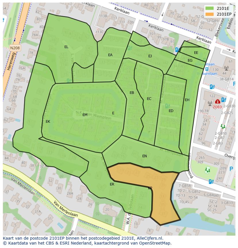 Afbeelding van het postcodegebied 2101 EP op de kaart.