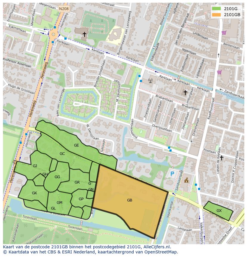 Afbeelding van het postcodegebied 2101 GB op de kaart.