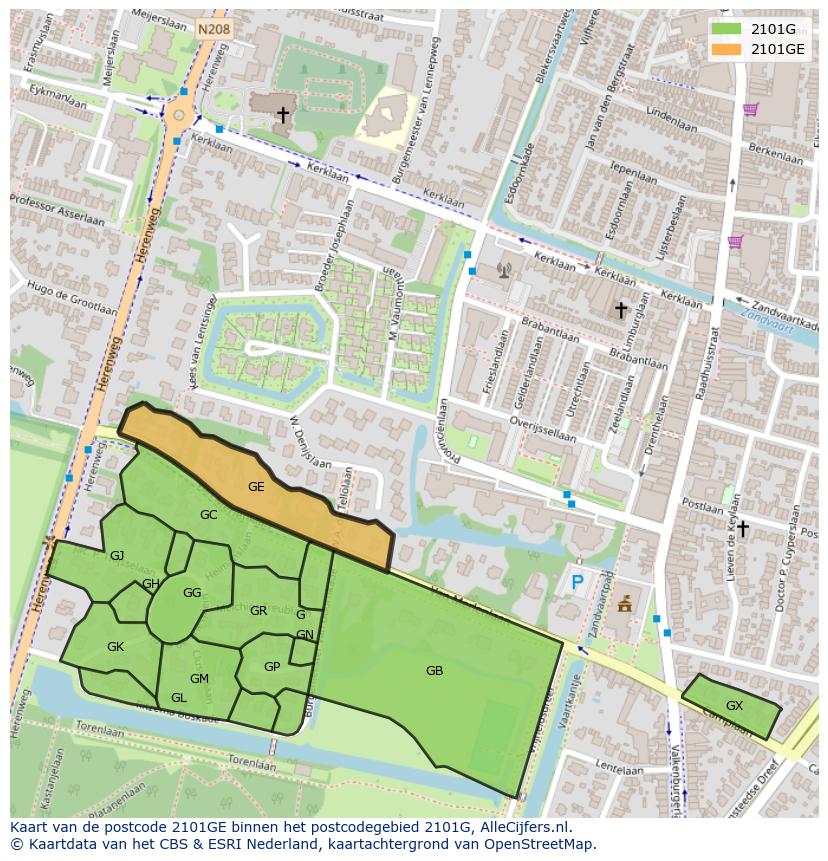 Afbeelding van het postcodegebied 2101 GE op de kaart.