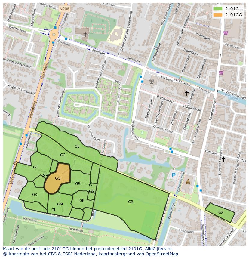 Afbeelding van het postcodegebied 2101 GG op de kaart.