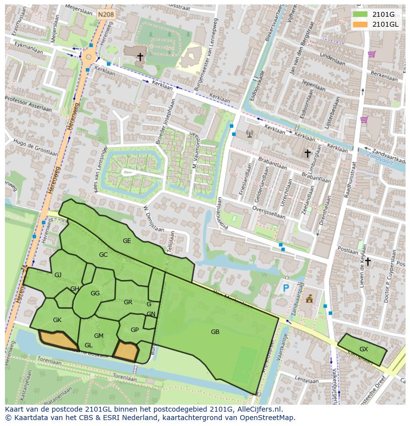 Afbeelding van het postcodegebied 2101 GL op de kaart.