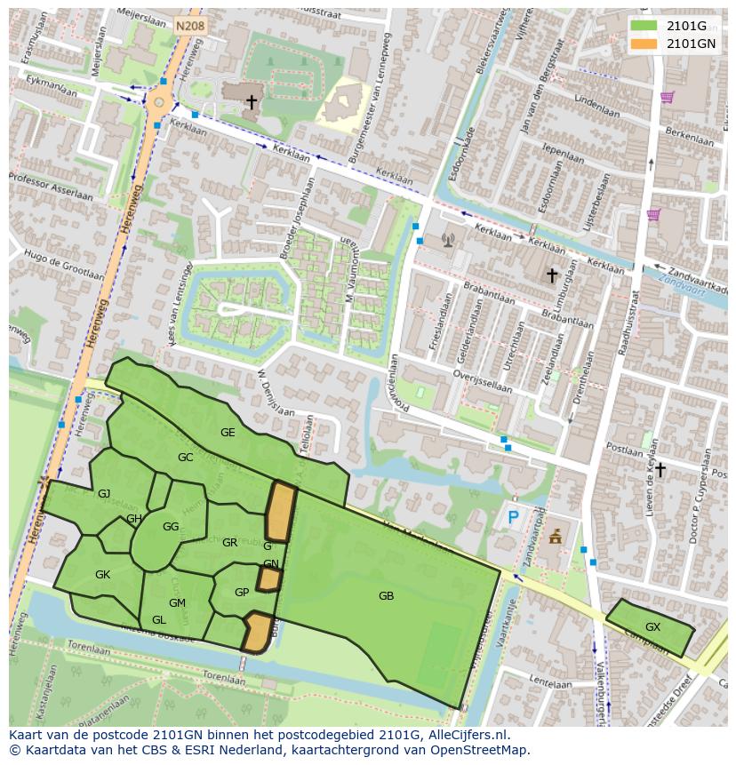 Afbeelding van het postcodegebied 2101 GN op de kaart.